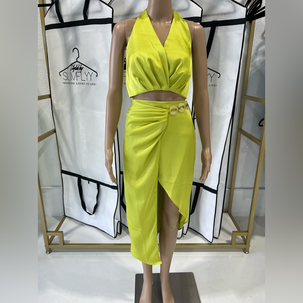 Chartreuse halter crop top skirt set